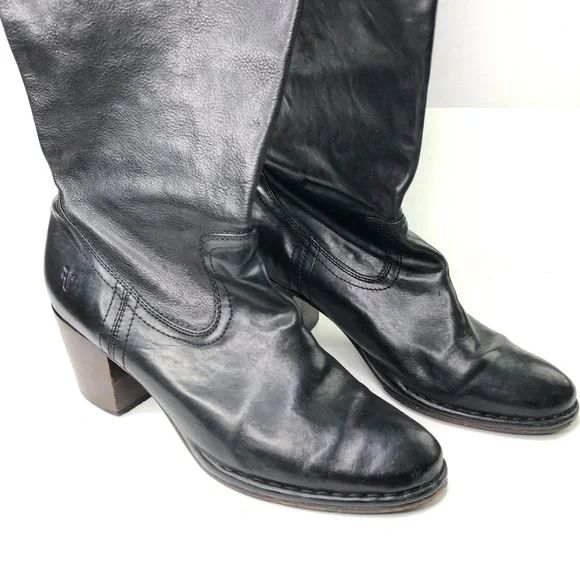 Frye Tall Boots Over the Knee Black Leather Western Block Heel Size 11 M Cowboy - Picture 13 of 16